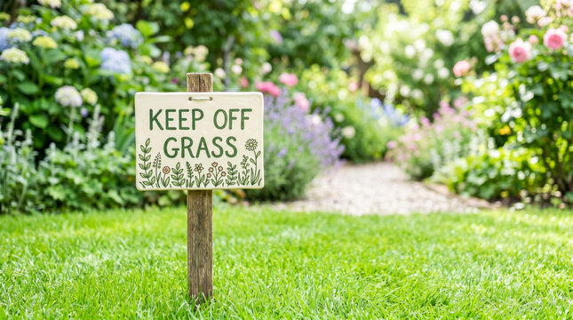 Garden plaque saying "Keep off grass" in a lush garden setting  