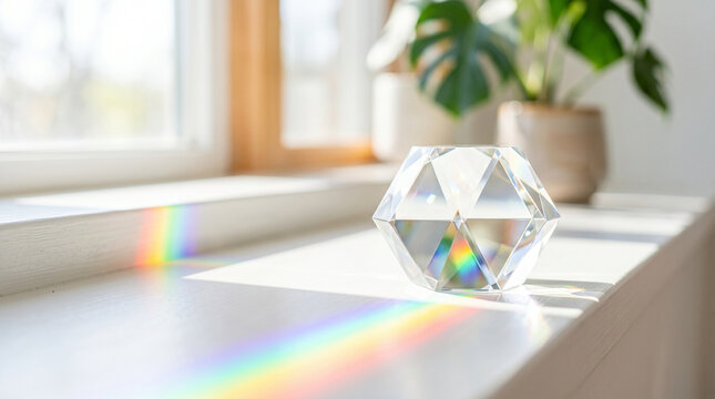 Glass prism rainbow maker casting colorful light in a sunlit room  