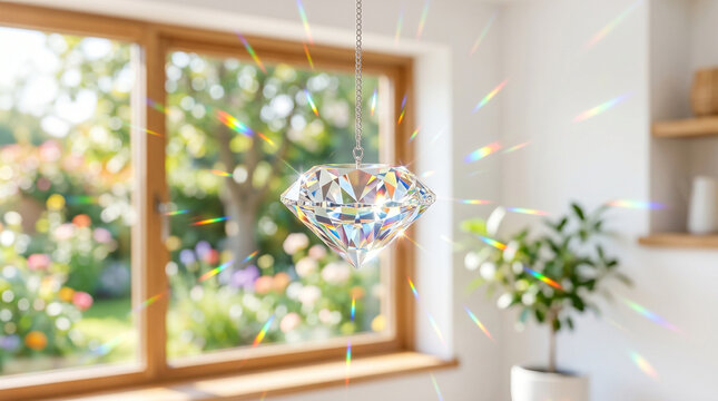 Glass diamond sun catcher reflecting light in a bright interior  