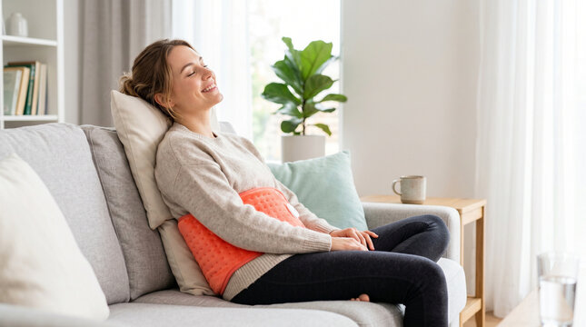 Young woman relaxing on a sofa with a heating pad for muscle therapy  