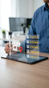 User interacting with digital tablet showing store marker and star rating icons for business reputation management and local search engine optimization strategy tools dashboard.