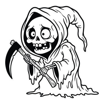 Cartoon grim reaper with scythe floats over cloud black and white vector illustration