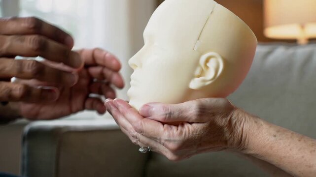 Approaching darker hands lowering manikin head into senior hands at home for profile alignment