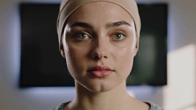 Turning, woman wearing beige headwrap and blue top speaking to camera in room, TV backlight behind