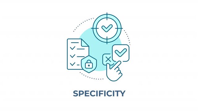 Specificity blue concept icon animation. Focused goal setting framework. Precision driven performance metrics. Strategic alignment. Cyan circular animated abstract idea. HD video with alpha channel