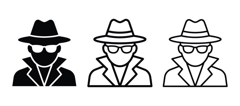 Set of spy or detective icons secret agent in trench coat, fedora hat and sunglasses vector illustration