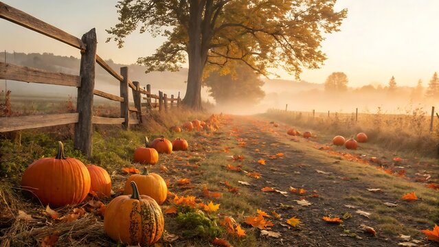 A beautiful autumn pumpkin field filled with pumpkins of different sizes, warm golden sunlight, rustic wooden fence, orange leaves scattered across the ground,