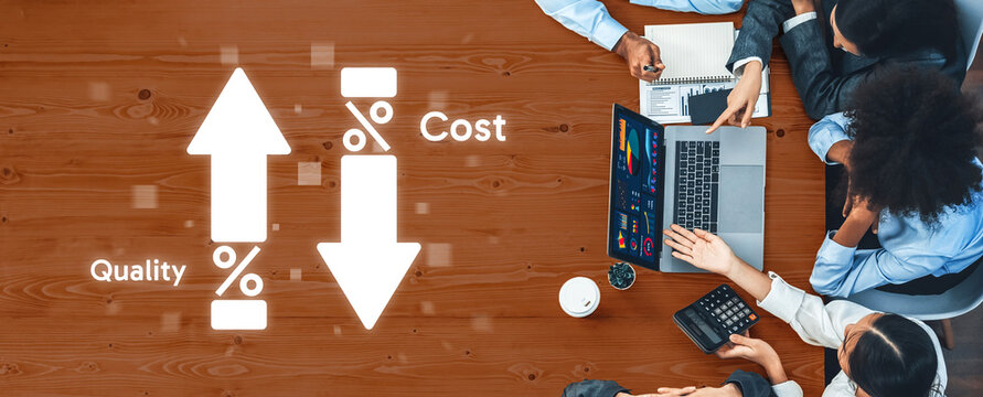 A business team collaborates in a strategy meeting emphasizing quality and cost management. Laptop displays important data, charts, and professional discussions enhance decision-making. Trope