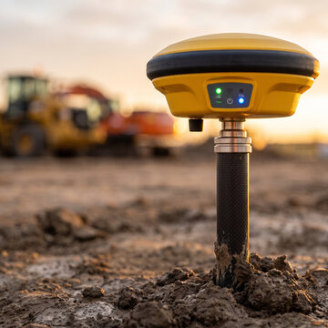 Macro View of RTK GNSS Surveying Antenna on Site