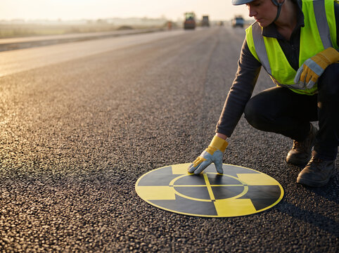 Engineer Placing Aerial Survey Ground Control Point on Asphalt