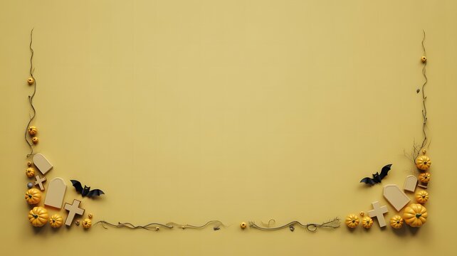 Minimalist halloween background featuring decorative corner borders with small bats and golden pumpkins on a plain yellow backdrop