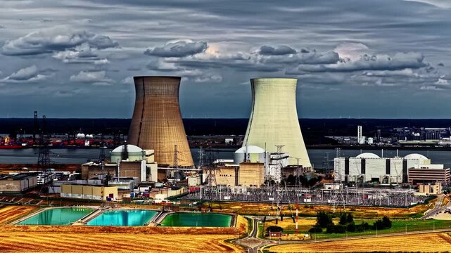 Aerial view of Doel Nuclear Power Plant with cooling towers and industrial infrastructure near the river in Beveren-Kruibeke-Zwijndrecht, Vlaanderen, Belgium.