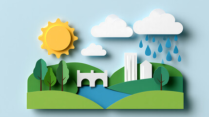 Fototapeta premium Paper craft landscape illustration with sun, rain cloud, green hills, river, bridge and buildings in a modern abstract paper art style