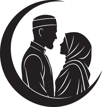 Muslim Couple Love Concept: Silhouette in Crescent Moon Vector