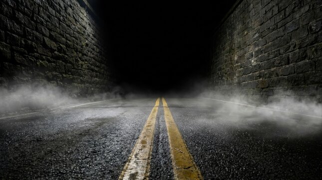 Dark Asphalt Road with Yellow Lines and Fog Between Stone Walls at Night, concept of mystery and the unknown journey