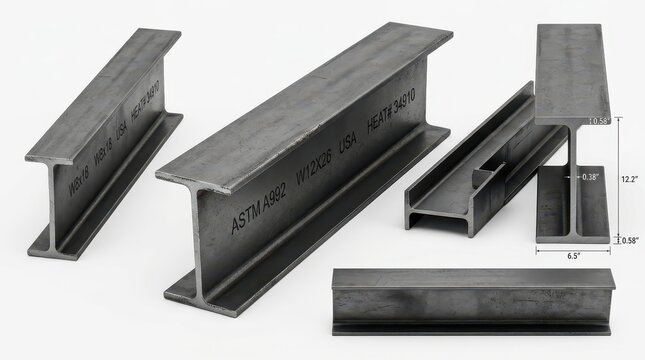 Industrial Steel I-Beams for Construction and Engineering Projects, Structural Steel Sections on White Background