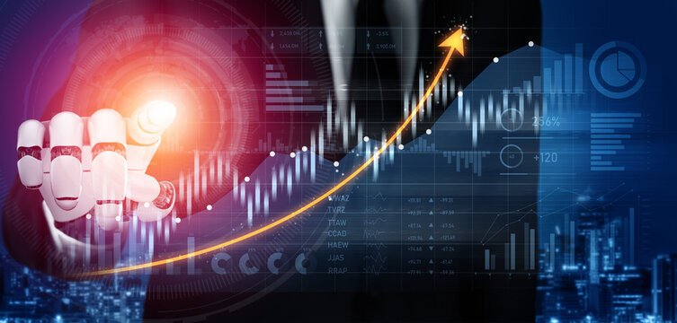 Businessman with a robotic hand interacts with digital graphs and charts, showcasing financial growth and innovation in technology, symbolizing modern business trends. Scalp