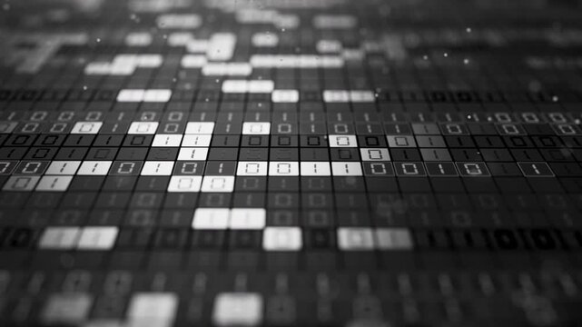 Looping 3D animation of black and white zeros and ones across a dark digital matrix, representing computer code, data processing, software, networks and information technology.