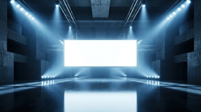 Blank White Billboard Mockup in a Dark Industrial Studio with Blue Spotlights and Concrete Walls, concept of digital advertising and modern presentation