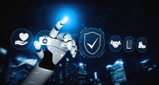 Futuristic Robotic Hand Interacting with Digital Health and Safety Icons in a Smart City Environment with a Technology Focus. Glyphic.