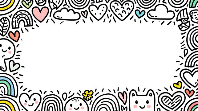 Colorful hand-drawn border with playful doodles and cheerful icons.