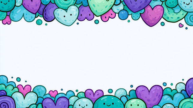 Colorful hearts illustration with smiling faces in soothing blue and green tones.