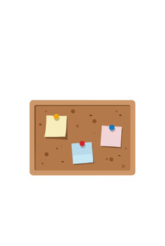 Hand-traced vector illustration of a classic wooden corkboard with colorful pinned sticky notes, featuring warm beige cork texture and pastel paper squares held by round push pins