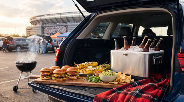 Gourmet Tailgate Party Spread in Open SUV Trunk at Stadium Parking Lot during Golden Hour