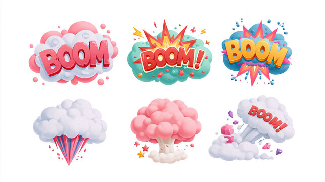 Colorful explosion graphics featuring the word 'BOOM' in various styles.