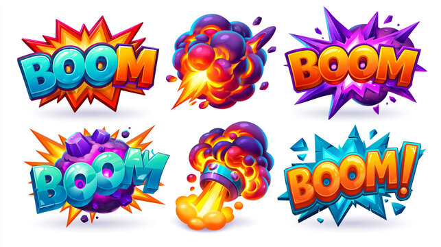 Colorful cartoon explosions with 'BOOM' text in bold, vibrant styles.