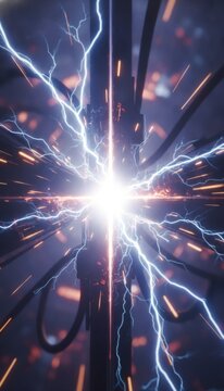 Electrical short circuit with bright sparks and blue lightning bolts on power cables, concept of electrical failure and high energy discharge