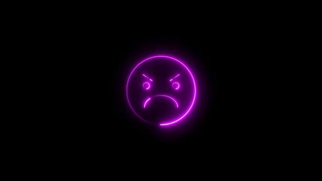 A vibrant Pink neon outline of a Angry face emoji with closed eyes and a smiling mouth set against a solid black background with no additional visual. Free and premium.