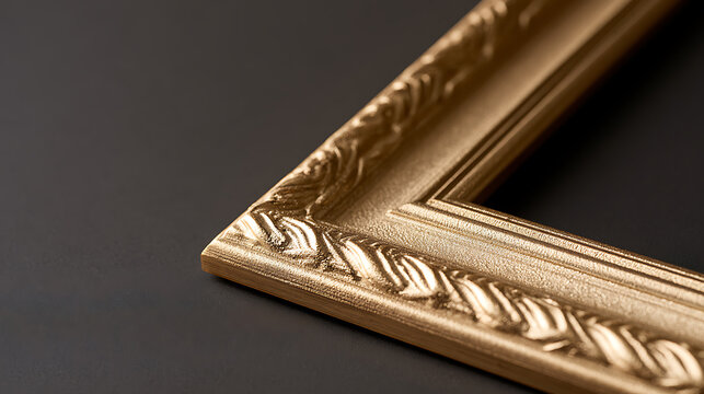Elegant ornate gold picture frame corner macro close up detail against a dark background for fine art gallery exhibitions or home d&eacute;cor
