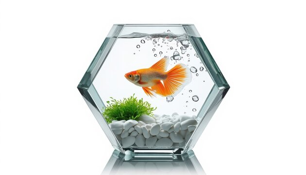 Hexagonal glass fish bowl with orange betta fish green plant and white gravel