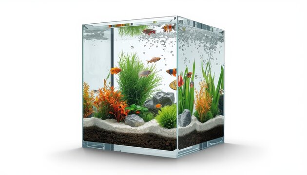 Square glass aquarium with colorful fish green plants and white gravel fish tank aquarium