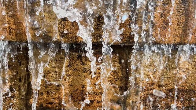 Fountain water pours and bubbles over rough golden brown masonry