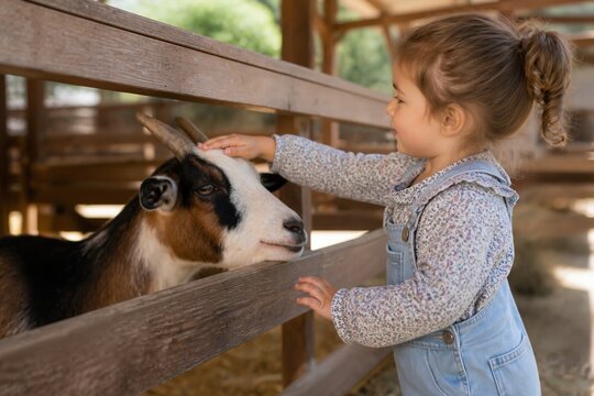 Child petting goat in petting zoo environment