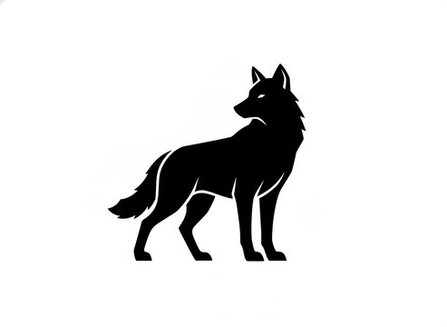 Black wolf silhouette standing on white background, concept of strength and independence