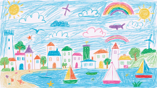 Colorful child's drawing of a seaside town with boats, sun, and a rainbow.