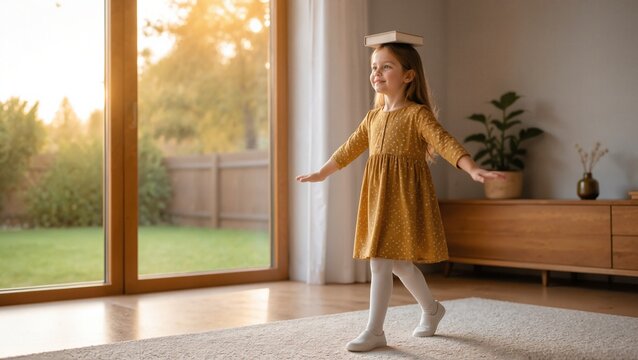 Girl balancing a book on her head while practicing indoors