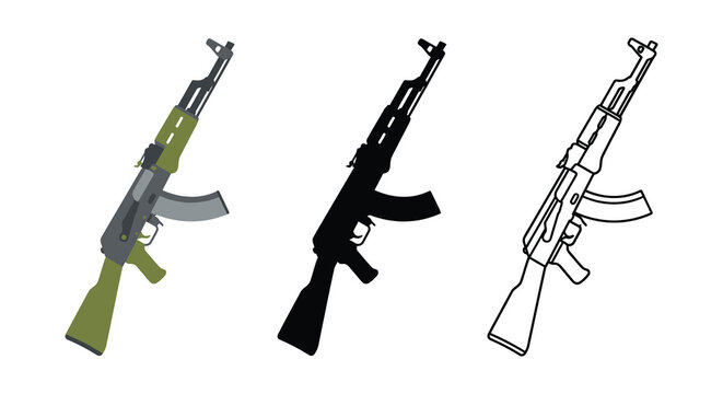 Assault rifle depictions in color silhouette and line art styles on white background