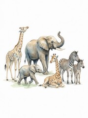 Fototapeta premium Watercolor African Safari Animals Set with Elephants Giraffes and Zebras Isolated on White Background