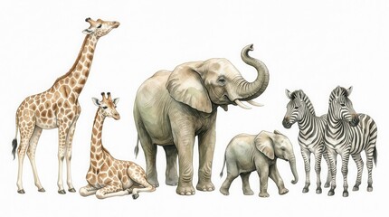 Naklejka premium Watercolor African Safari Animals Set with Giraffes, Elephants, and Zebras Isolated on White Background for Kids Nursery Art