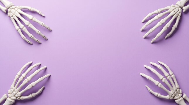 Four human skeleton hands arranged in corners surrounding an empty copy space on a purple background