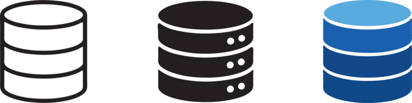 Database server icons in outline, solid and blue styles, storage technology vector illustration set.