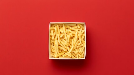 Obraz premium Crispy golden fries in white box, served as fast food snack on bright red surface