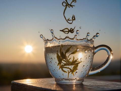 Surreal teacup made of frozen water splash with dry tea leaves inside and copy space, creative conceptual drink visual