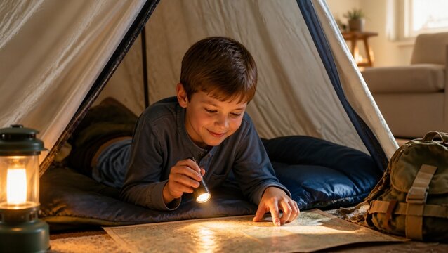 Boy enjoying indoor camping, exploring a map in a cozy tent