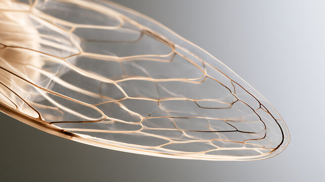 Macro view of a cicada wing, scientific name Cicadidae, showcasing delicate vein patterns and translucent texture in soft studio light