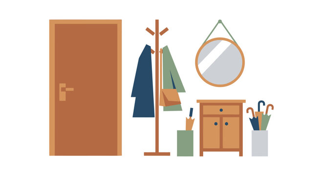 Hallway furniture arrangement with door coat rack and mirror in flat vector style
